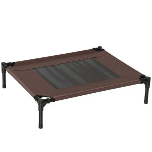 Udendørs hundeseng, hævet hundeseng til mellemstore og store hunde, robust kæledyrsseng med vaskbart net, katteseng, kæledyrsseng til udendørs camping, 76 x 61 x 18 cm, brun