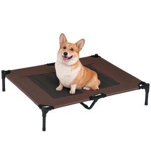 Udendørs hundeseng, kølende kæledyrsseng til store hunde, hævet hundeseng med robust metalramme, åndbart net til udendørs have, 92 x 76 x 18 cm, kaffebrun
